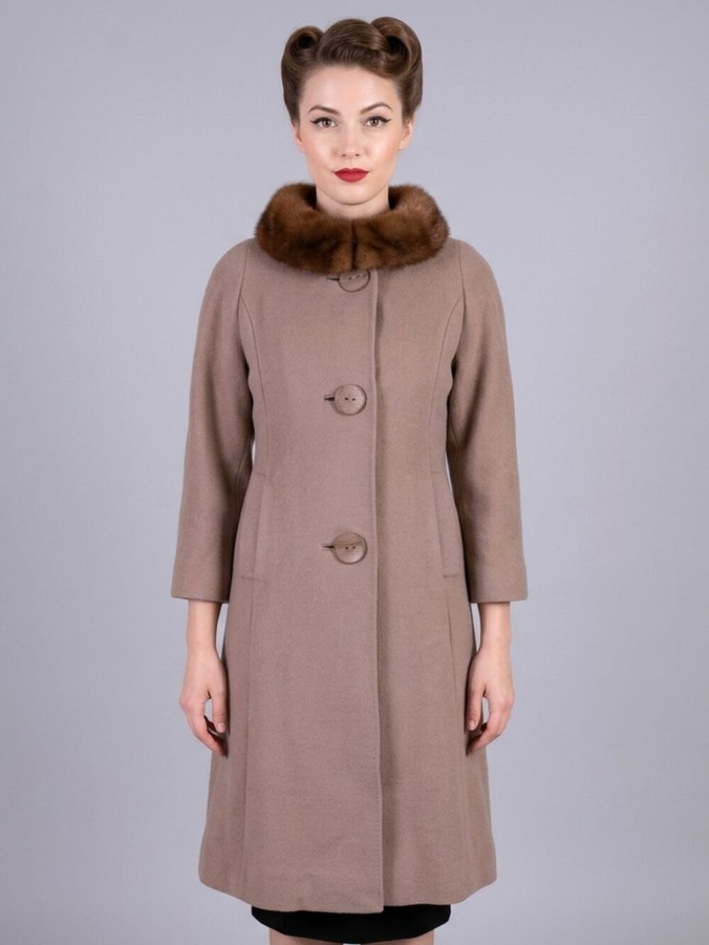 Vintage 50s Tan Wool Mink Fur Coat Convertible Collar Mid Century M/L